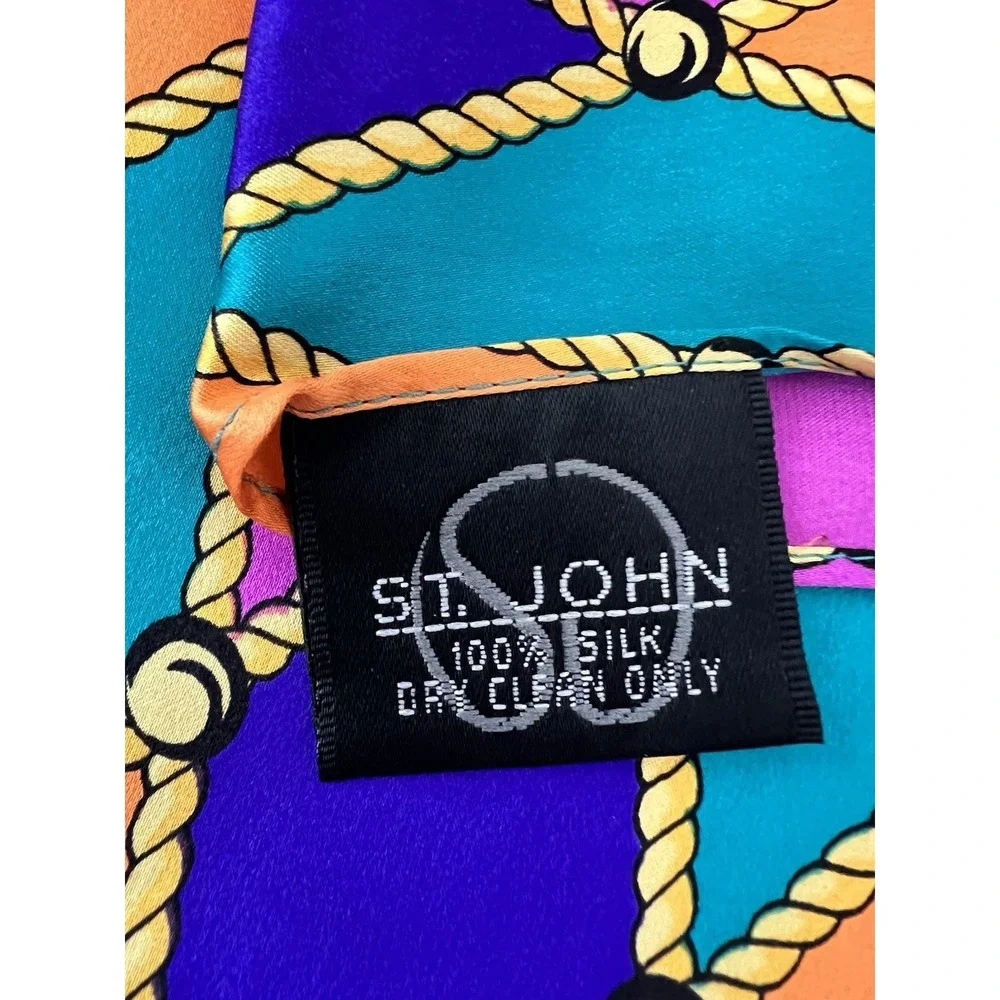 Vintage St John 100% Silk Scarf Harlequin Diamond Gold Rope Colorful